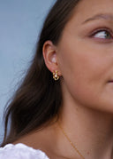 Nærbilde av sideprofilen til en kvinne med en elegant gulløredobb med champagne sten.