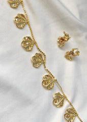 Elegant  halskjede som bærer kamskjell anheng og gull øredobber som bærer champagne fargede stener på en hvit bakgrunn.