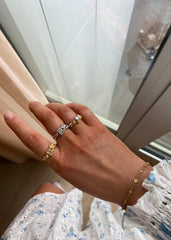 Kvinne med en vakker hvit sommerkjole viser frem sin hånd i ført to gullringer, en sølv ring og gullarmbånd.